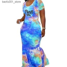 Basic Casual Dresses Fashionable Hollow Tie Dye Dress Womens Fishtail Bag Hip Floor Length Dress Womens O-neck Short Sleeve Slim Fit Dress 2024 Q240322