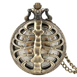 Steampunk Skeleton Spine Ribs Hollow Out Quartz Pocket Watch Cool Vintage Necklace Pendant Clock Chain Mens Womens Gifts241n