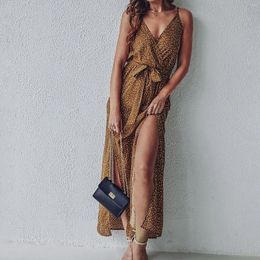 Casual Dresses 2024 Polka Dot Print Long Dress Summer Sexy Backless Bandage Slit Beach Sundresses Female Elegant V Neck Sleeveless