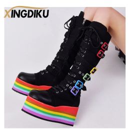 Boots Small but knee knight boots 2021 new heightening allmatch thick bottom high tube lace up magic sticker long women's boots goth