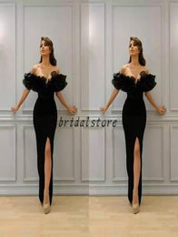 paolo sebastian Black Mermaid Prom Dresses Tight Sexy off Shoulders Ruffles Front Split Elegant Formal Evening Gowns Gothic Plain 6230281