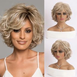 Wigs OUCEY Short Curly Wigs for Women Highlight Blonde Wig With Bangs Heat Resistant Fibre Synthetic Hair Women Wig