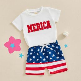 Clothing Sets Baby Boy 4th Of July Round Neck Short Sleeve Letter Embroidery Tops Elastic Waist Striped Shorts Toddler Tracksuit Set