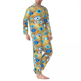 Men's Sleepwear Gold Evil Eye Pyjamas Men Greek Mati Mataki Kawaii Leisure Autumn 2 Pieces Aesthetic Oversize Pattern Pyjama Set