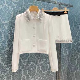 Two Piece Dress Designer Brand Miu Miao's White Suit Jacket, Handmade Studded with Diamonds, Versatile Half Skirt, A-line Skirt Set, Two-piece Spring New Style BYSJ