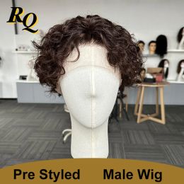 Toupees Toupees Male Curly Pre Styled Short Cut Full Lace For Men Toupee Hairpiece Virgin Human Hair Replacement System Brown Color 2