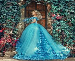 2019 Blue Prom Dresses 3D Flower Quinceanera Dresses Ball Gown Fairy Off Shoulder Tulle Sweet 16 Evening Dresses Vestidos8419990