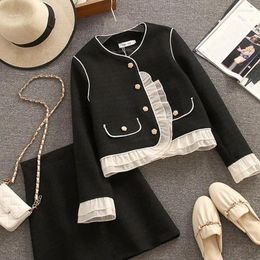 Work Dresses Spring Autumn Elegant Two-Piece Suit Women Black O-Neck Tweed Coat A-Line Skirt Set Fashion Single-Breasted Ruffle Jacket