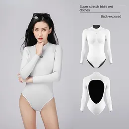 Women's Swimwear Bikini Ladies Conservative Covering Belly Thin Long Sleeve Sexy Backless Siamese Swimsuit