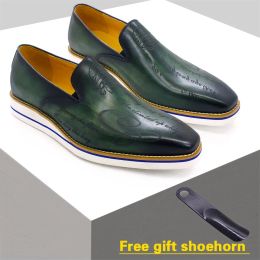 Shoes Fashion Men's Casual Shoes Genuine Leather Handmade Green Comfortable Flat Loafers Laser Pattern Men's Banquet Leather Shoes