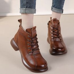 Boots Handmade real leather boots women's autumn waterproof shoes ladies lace up oxfords woman wide toe ankle boots mom plush booties