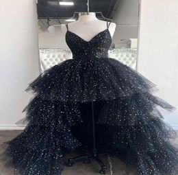 Glitter Black Hi Low Prom Evening Dresses with Spaghetti Straps Layered Tulle Sequined Short Front Long Back Party Cocktail Pagean4138330