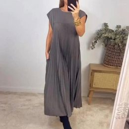 Casual Dresses Women Dress Elegant Pleated Midi For A-line Summer With Round Neck Soft Breathable Fabric Stylish