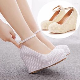 Dress Shoes Pumps Women Office Round Toe String Bead Buckle Strap PU 11CM Wedges Sandals Japanese Style Party Woman White