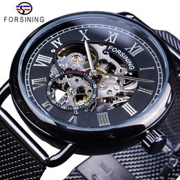 Forsining Classic Black Silver Skeleton Clock Mesh Band Design Waterproof Men's Mechanical Watches Top Brand Luxury Montre Ho328Z