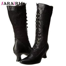 Boots SaraIris Big Size 48 Female Boots Comfy Warm Strange Style Pointed Toe Zip Med Heel Crosstied Cosplay MidCalf Women Boots