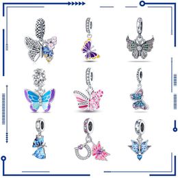 925 Silver Style Blue Pink Phantom Butterfly Creative Pendant Beads DIY Beads Charming Europe and America Hot Selling Cross Border Wholesale Free Shipping