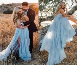 Sexy Engagement Party Dresses for Women Spaghetti Strap Backless High Slit A Line Court Train Sky Blue Tulle Boho Evening Dress2124759