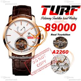 Patrimony Traditionnelle 89000 Real Tourbillon Manual Winding Mens Watch TURF Power Reserve Rose Gold White Dial Brown Leather Super Edition Puretime Reloj PTVC