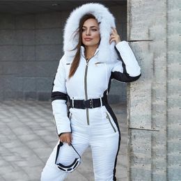 Fashion Winter Womens Hooded Jumpsuits Parka Cotton Padded Warm Sashes Ski Suit Straight Zipper Casual Tracksuits 240314