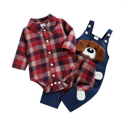 Clothing Sets 2024 Winter Baby Boy 2Pcs Outfit Long Sleeve Plaid Romper Cartoon Dog Pattern Suspender Pants Overalls For 0-18Months