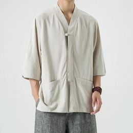 Ethnic Clothing Men's Summer Chinese-style V-neck Linen Shirt 2024 Shirts Tang Suit Dial Buckle Vintage Cotton Pocket Jacket