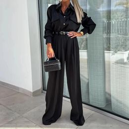 Women's Two Piece Pants 2024 Spring Fall Solid Smooth Satin Outfit Women Turn-down Collar Button Blouse & Wide Leg Set Casual Suit Mujer