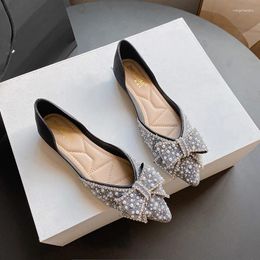 Casual Shoes Pearl Rivets Ballet Flats Women Bow Knot Crystal Wedding Pointed Toe Shallow Mouth Beading Moccasins Loafers Size 43