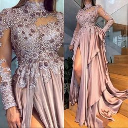 Long Appliques Beaded Sleeves Prom Dresses Sexy High Neck Dusty Pink Split Formal Evening Gowns Party Dress Customise Size