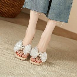 Slippers With Clear Bows Comfortable And Casual Crystal Chunky Heels