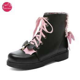 Boots Women's Shoes Ankle Boots Bow Casual Black Flats Platforms Kawaii Lolita Pink Fashion Harajuku Style 2021 Spring Autumn Winter