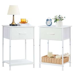 Somdot 2-piece Set, Bedside Table in Bedroom, Daycare, Living Room Removable Fabric Drawer, Open Storage Rack, Sturdy Steel Frame, Durable Wooden Top - White