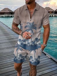 Summer Beach Element 3D Print Mens Sweatsuit set Casual Zipper Collar Polo Shirt And Shorts 2pcs Sets Fashion Man Clothing 240312