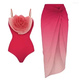 Women's Swimwear 2024 Elegant Rosa Muscosa Gradient One Piece Swimsuit And Skirt Summer Women Beachwear Bathing Suit