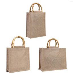 Shopping Bags Portable Burlap Jute Tote Fruit Vegetable Bag Handbag Bamboo Loop Handles Reusable Grocery For Women Girls