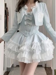 Blue Sweet Kawaii Two Piece Set Women Summer Sexy Elegant Party Mini Dress Suits Female Lolita Söt klänning Långärmrock 240315