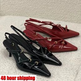 Luxury Designers Shoes High heels Burgundy Pumps Patent Leather With Buckles Ankle Strap Kitten Heels Sandal Stiletto Heel Evening Dress Shoe Women