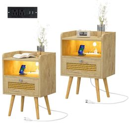 DMIDYLL Rattan Bedside 2-piece Set, End Charging Station LED Lights, Medieval Modern Side Table with Storage Space, Suitable for Living Room, Bedroom and Small