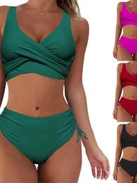 Women's Swimwear 2024 Swimsuit Split Bikini Solid Colour Cross Strap High Waist Sexy