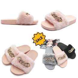 Resistant In stock autumn and winter chain flash diamond fluffy slippers indoor and outdoor fluffy flat warm flip-flops Size 36-41