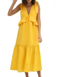 Casual Dresses Women Summer Long Dress Solid Colour V-Neck Tie Knot Shoulder Sleeveless Fashion Ruffles Beach Holiday