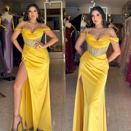 Sexy yellow sheath prom dress spaghetti bone bodice formal evening dresses elegant dresses for special occasions thigh split satin robe de soiree