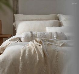 Bedding Sets Cotton Linen Lace Duvet Cover Set(1Comforter 1Bed Sheet 2 Pillowcase)Natural Flax Blend Breathable Set
