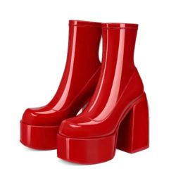 Boots Cute Big Toe Shoes Booty Patent PU Ankle Short Thick Heel Platform Fashion Boots for Women Solid Winter Autumn Slipon 43