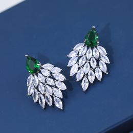 European and American cross-border personalized high-end heavy industry earrings S925 silver needle large tree leaf light luxury micro inlaid zircon earrings