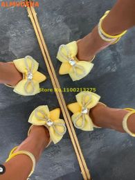 Sandals Yellow Lace Pointy Toe Sandals Crystal Knot Bling Bling Women 2022 Summer Shoes Thin High Heel Fashion Women Pumps