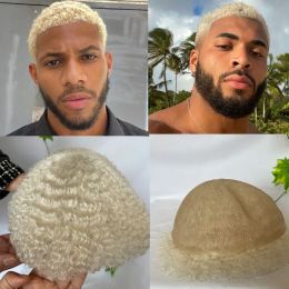 Toupees Toupees Human Hair For Men 100% Human Remy Hairpiece System #60 lightest Blonde White Hair Colour 6mm Afro Curl 8x10 Full Lace Tou