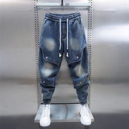 Men's Jeans Hip Hop Pleated Street Pants Cross Embellishment Harajuku Blue Men Trousers