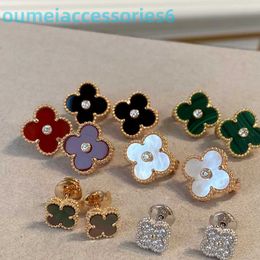 2024 Jewellery Designer Brand Vanl Cleefl Arpelsstud Earrings v Four Leaf Grass Fan Earnail Pat 18k Rose Gold Double Sided Red Agate White Fritillaria Flower Earrings