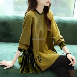 Ethnic Clothing 2024 Cotton Spring Loose Style Improved Chinese Top Splicing Design Round Neck Long Sleeve Hoodie Women Retro Tang Suit S616